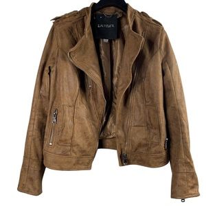 L’atelier Faux Suede Brown Moto Biker Asymmetrical Zip Long Sleeve Jacket Medium